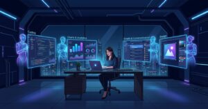 一人の人物がノートPCの前に座り、周囲に半透明のAIホログラムアシスタントが複数浮かんで各業務を同時にこなしている