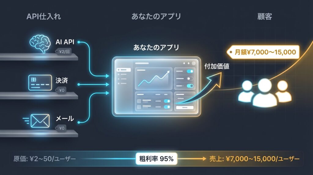 APIの接続イメージ — 複数のサービスがコードで繋がる様子