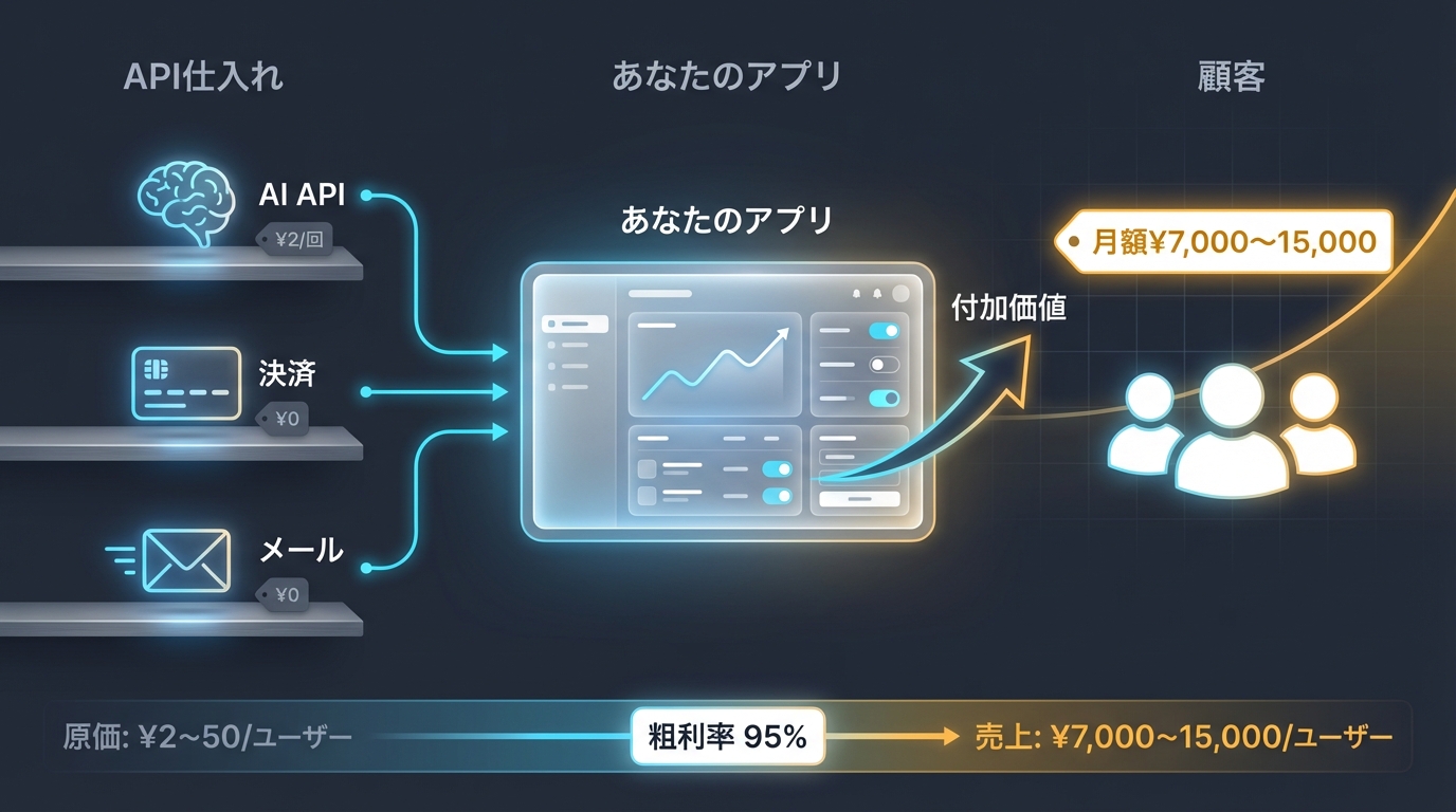 APIの接続イメージ — 複数のサービスがコードで繋がる様子