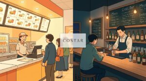 2つの日本の飲食店シーンを対比させたミニマルな分割画面イラスト。左半分：明るく照らされたチェーンレストランのカウンターで、番号付きメニュー表（#1、#2、#3...）が掲げられ、清潔で統一感のあるデザイン、明るいファストフード的な雰囲気、温かい黄色い照明。右半分：手書き文字のチョークボードメニューがある親密なバルのカウンター、柔らかな琥珀色の照明、職人的なガラス瓶、居心地のいい雰囲気。2つの半分の間、中央に浮かぶ小さな半透明のカードに「C O S T A R」の文字がエレガントなタイポグラフィで。左側はChatGPT（チェーン店の効率性）、右側はClaude（バルの創造性）を表す。クリーンでミニマルな日本的美学、柔らかな分割照明、16:9アスペクト比、CO-STARラベル以外のテキストなし。