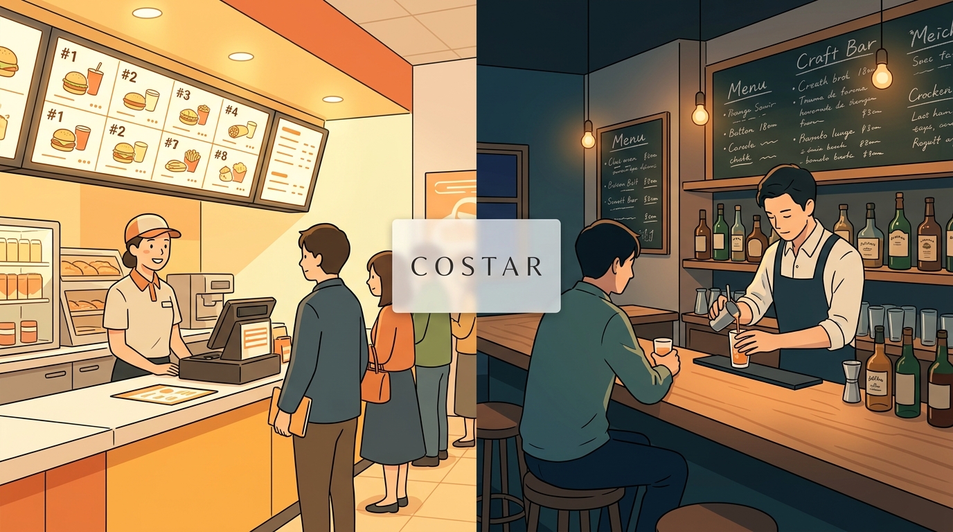 2つの日本の飲食店シーンを対比させたミニマルな分割画面イラスト。左半分：明るく照らされたチェーンレストランのカウンターで、番号付きメニュー表（#1、#2、#3...）が掲げられ、清潔で統一感のあるデザイン、明るいファストフード的な雰囲気、温かい黄色い照明。右半分：手書き文字のチョークボードメニューがある親密なバルのカウンター、柔らかな琥珀色の照明、職人的なガラス瓶、居心地のいい雰囲気。2つの半分の間、中央に浮かぶ小さな半透明のカードに「C O S T A R」の文字がエレガントなタイポグラフィで。左側はChatGPT（チェーン店の効率性）、右側はClaude（バルの創造性）を表す。クリーンでミニマルな日本的美学、柔らかな分割照明、16:9アスペクト比、CO-STARラベル以外のテキストなし。