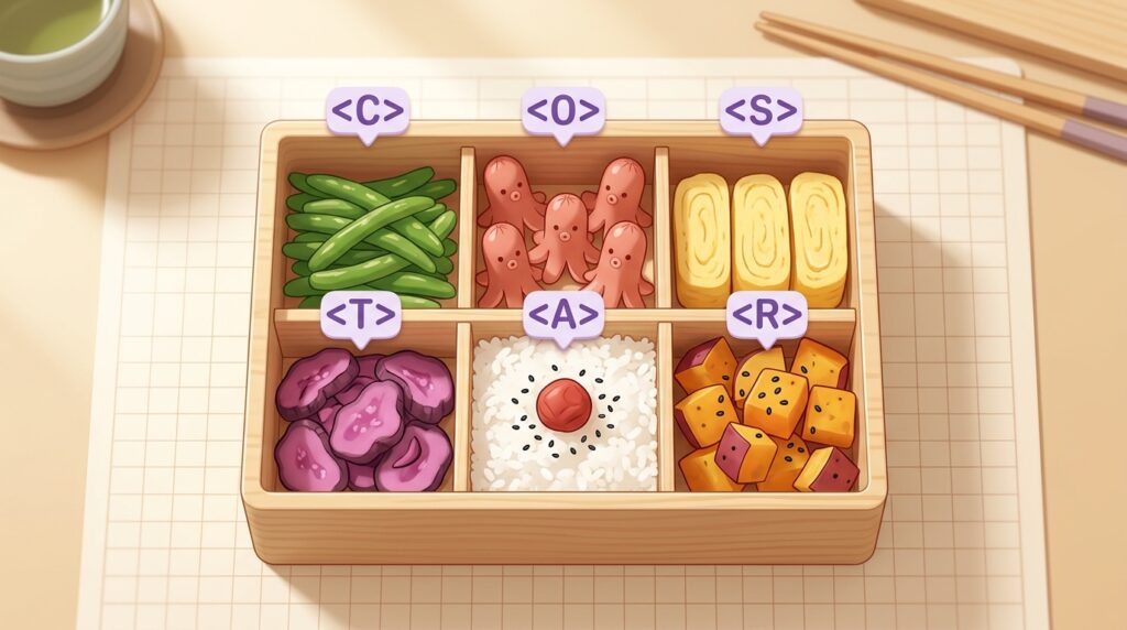 CO-STARの6要素をXMLタグで仕切った弁当箱のイラスト