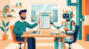 フリーランスが整理された6項目のクリップボード発注書をフレンドリーなAIロボットに手渡すミニマルなフラットイラスト。木製デスク越しの構図。オレンジとティールの配色。