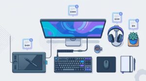ブログサムネイル用のフラットデザインイラスト。クリエイターのデスク環境を俯瞰で描いたもの。モニター、ペンタブ、メカニカルキーボード、ヘッドホン、小さな観葉植物。各アイテムの上に小さな値札やレシートのアイコンが浮かんでいる。クールなブルーとパープル基調。ミニマリストスタイル。