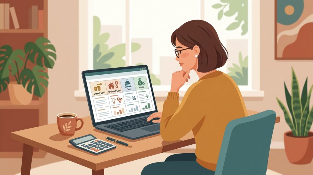 デスクに向かって、ノートPCに映るスプレッドシートを静かに見つめるフリーランサー。画面には「直接費・間接費・税金・利益」を示す4つのアイコン付き列（文字は読めない程度）が並ぶ。机には電卓とコーヒーカップ。窓からの柔らかな自然光、温かみのあるアースカラーにティールのアクセント、ミニマルなフラットイラスト、文字なし、フリーランスの原価計算と値付けをテーマにしたブログサムネ用。