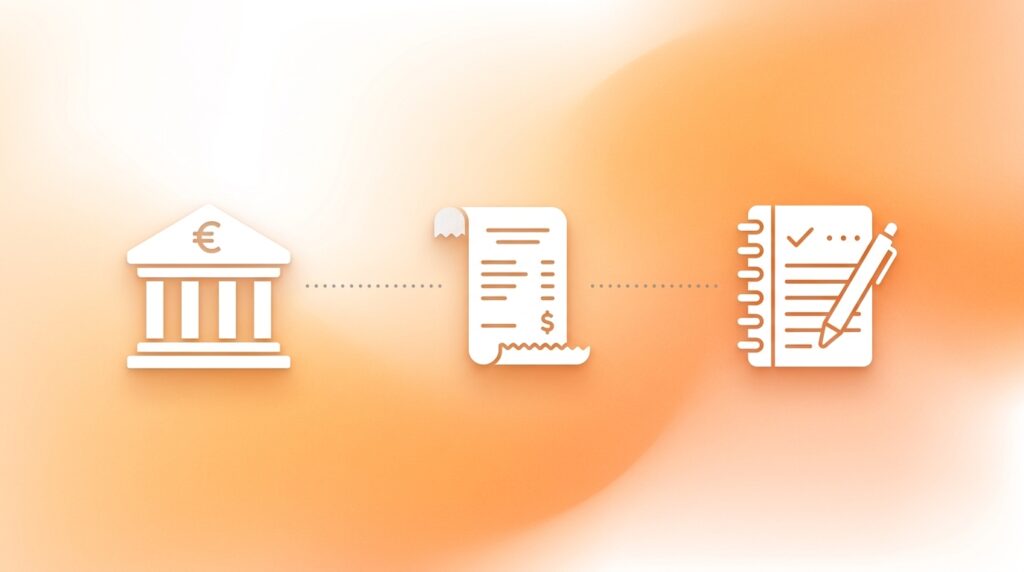 ブログサムネイル用のフラットデザインイラスト。3つのシンプルなアイコンが横に並ぶ：銀行の建物、レシート、ペン付きノート。点線でつながっている。オレンジと白を基調とした温かみのある配色。ミニマリストスタイル。