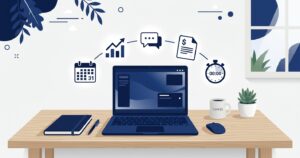 フリーランスのデスク上にノートパソコンがあり、画面の上にカレンダー・グラフ・チャット・請求書・タイマーなどのアプリアイコンが浮かんでいるモダンなフラットイラスト