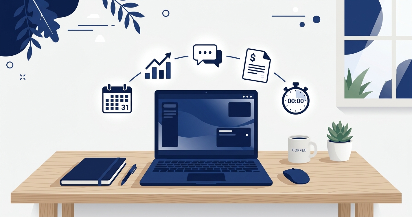 フリーランスのデスク上にノートパソコンがあり、画面の上にカレンダー・グラフ・チャット・請求書・タイマーなどのアプリアイコンが浮かんでいるモダンなフラットイラスト