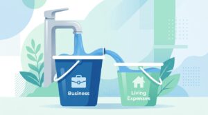 事業用バケツから生活費用バケツへ水が流れるイラスト