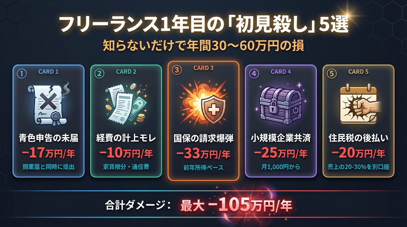 フリーランス1年目の初見殺し5選：青色申告未届(−17万)、経費計上モレ(−10万)、国保の請求爆弾(−33万)、小規模企業共済(−25万)、住民税の後払い(−20万)。合計ダメージ最大−105万円/年