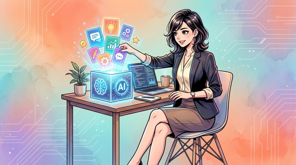 AIプロンプトをパッケージにして販売する様子を描いた漫画風イラスト