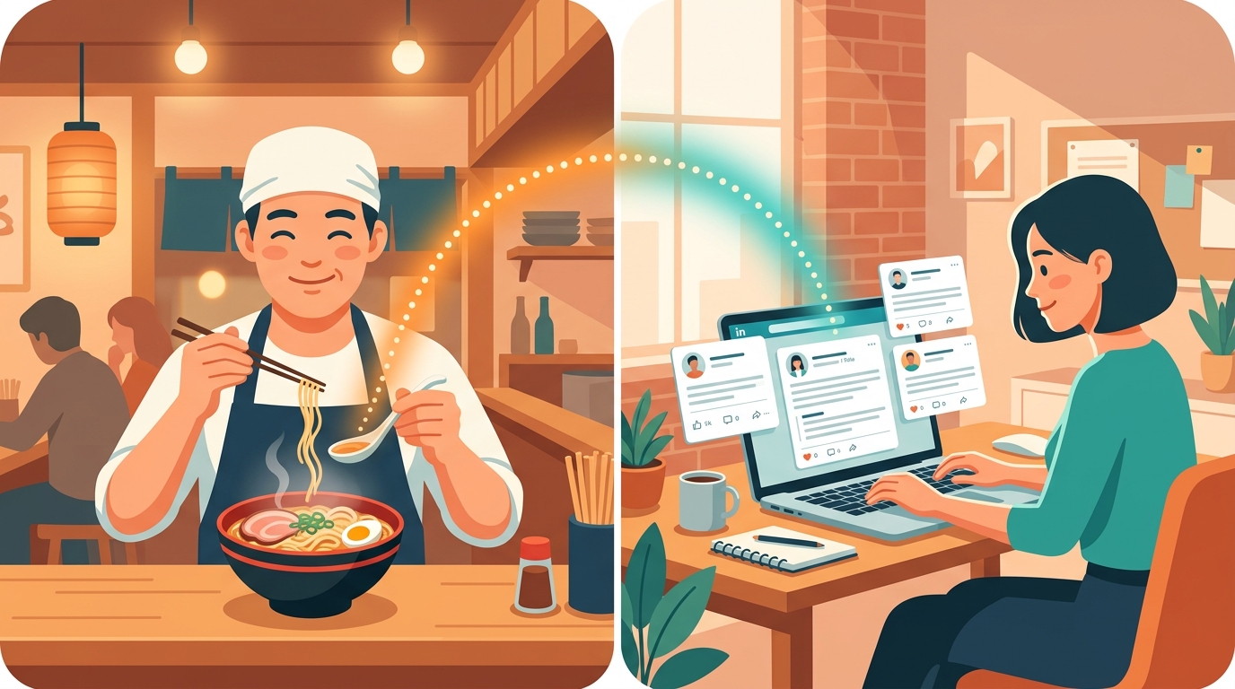 ラーメン屋の大将が自分の店のラーメンを味見する左側シーンと、ノートPCでLinkedIn風の投稿カードを確認する個人事業主の右側シーンを並べたスプリットスクリーンのフラットイラスト。2つの場面を光る点線のアークでつなぎ、"ドッグフーディング（自分で食う）"のコンセプトを視覚化。温かみのあるオレンジとティールの配色、ミニマル、文字やロゴなし、ブログサムネ用。