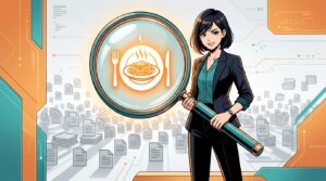 業種特化の強みを表現した漫画風イラスト。虫眼鏡で飲食店アイコンにフォーカスする女性ビジネスパーソン