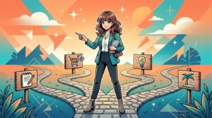 4つの販売プラットフォームへの分岐路に立つ女性ビジネスパーソンの漫画風イラスト