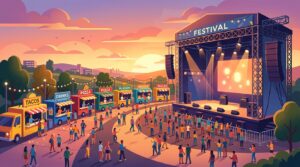 ステージの横に並ぶカラフルな売店のイラスト