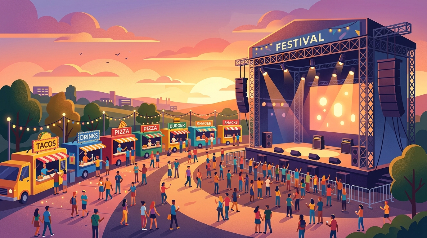 ステージの横に並ぶカラフルな売店のイラスト