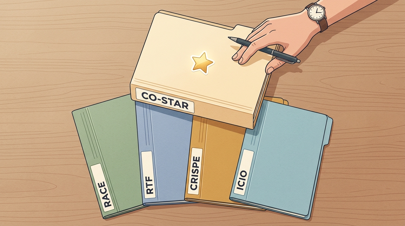 木製のデスクに並べられた5つの書類フォルダのミニマルなインフォグラフィック風イラスト。それぞれのフォルダには異なるフレームワーク名のラベル（CO-STAR、RACE、RTF、CRISPE、ICIO）が貼られている。トップダウンのフラットレイ視点。CO-STARフォルダは他より少し大きく、上部に配置され、金色の星のシールが貼ってある。他の4つのフォルダは下に扇状に並ぶ。フリーランスの手がペンを持ってCO-STARフォルダに伸びている。温かみのあるクリーム色とくすんだブルーのカラーパレット、柔らかな自然光、控えめな紙の質感。フォルダの背には フレームワーク名以外の文字なし。クリーンでプロフェッショナル、少しレトロな文房具風の美学。16:9のアスペクト比。