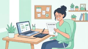 ブログサムネイル用のフラットデザインイラスト。ペンタブとノートPCのあるデスクに座る若いイラストレーターが、チェックマーク付きの確定申告書類を持って安心した表情をしている。ミントグリーンと白を基調としたパステルカラー。ミニマリストスタイル。