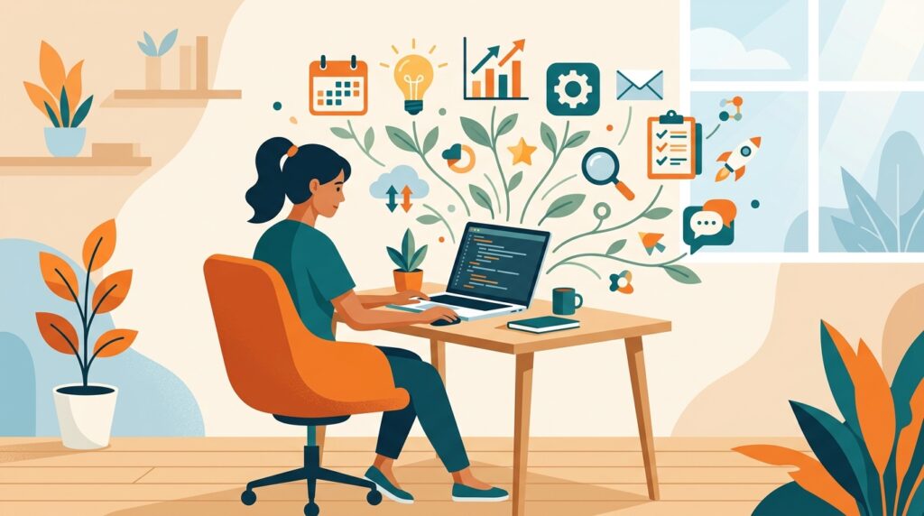 ノートPC1台で小さなデジタルツールを育てるソロ起業家のミニマルなフラットイラスト。デスクから芽のように成長するアプリのアイコン。オレンジとティールの配色。