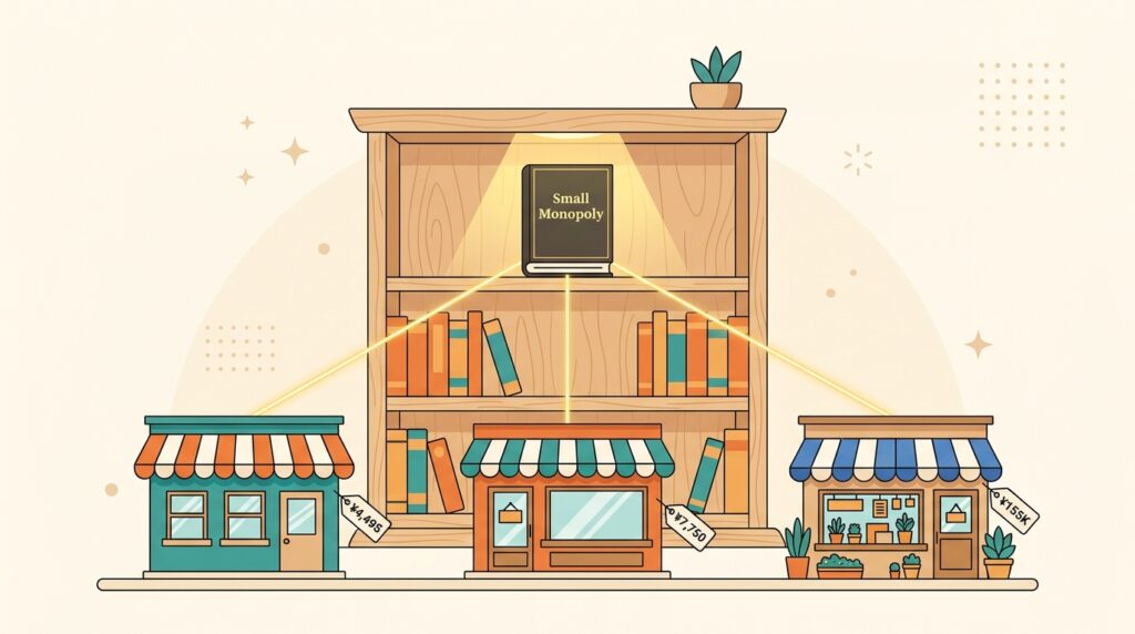 中央に木製の本棚を配置し、一冊だけ『Small Monopoly』とタイトルの入った本が温かいスポットライトで照らされているフラットイラスト。本棚の手前に3つの異なる色の小さな店舗（各々の看板に¥4,495／¥7,750／¥155Kの価格タグ付き）を並べ、3店舗と本棚の一冊を細い光の線で結び、「業種は違っても同じ本棚の一冊を読んでいる」構図を表現。クリーム色の背景、オレンジとティールの差し色、文字は価格タグと本のタイトルのみ、ブログサムネイル用。