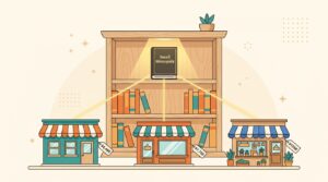 中央に木製の本棚を配置し、一冊だけ『Small Monopoly』とタイトルの入った本が温かいスポットライトで照らされているフラットイラスト。本棚の手前に3つの異なる色の小さな店舗（各々の看板に¥4,495／¥7,750／¥155Kの価格タグ付き）を並べ、3店舗と本棚の一冊を細い光の線で結び、「業種は違っても同じ本棚の一冊を読んでいる」構図を表現。クリーム色の背景、オレンジとティールの差し色、文字は価格タグと本のタイトルのみ、ブログサムネイル用。