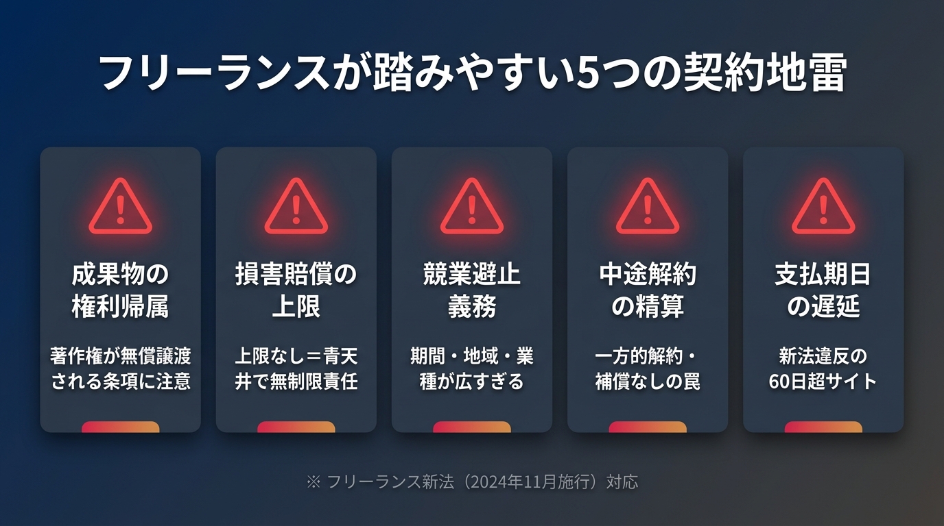 フリーランスが踏みやすい5つの契約地雷：成果物の権利帰属・損害賠償の上限・競業避止義務・中途解約の精算・支払期日の遅延