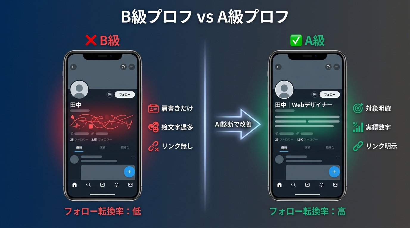 B級プロフ vs A級プロフのbefore/after比較：肩書きだけ・絵文字過多・リンク無しのB級から、対象明確・実績数字・リンク明示のA級へAI診断で改善