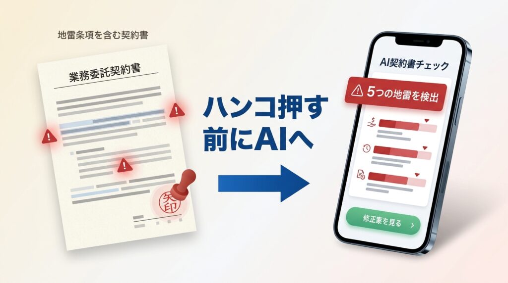 契約書にハンコを押す前にAIで一次チェックする流れを示すエディトリアル風サムネ画像。左に契約書と朱印、中央に「ハンコ押す前にAIへ」キャッチ、右にスマホで「5つの地雷を検出」表示。フリーランス新法対応の契約書チェックをプロフェッショナルなトーンで表現。