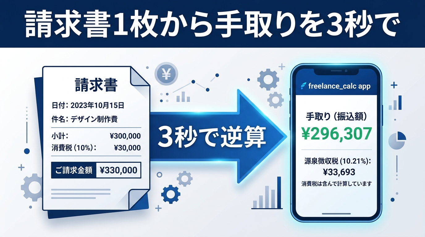 請求書1枚から手取りを3秒で逆算する流れを示すエディトリアル風サムネ画像。左に¥330,000の請求書、中央に「3秒で逆算」と矢印、右にスマホで手取り¥296,307を表示。フリーランスの請求書計算をプロフェッショナルなトーンで表現。