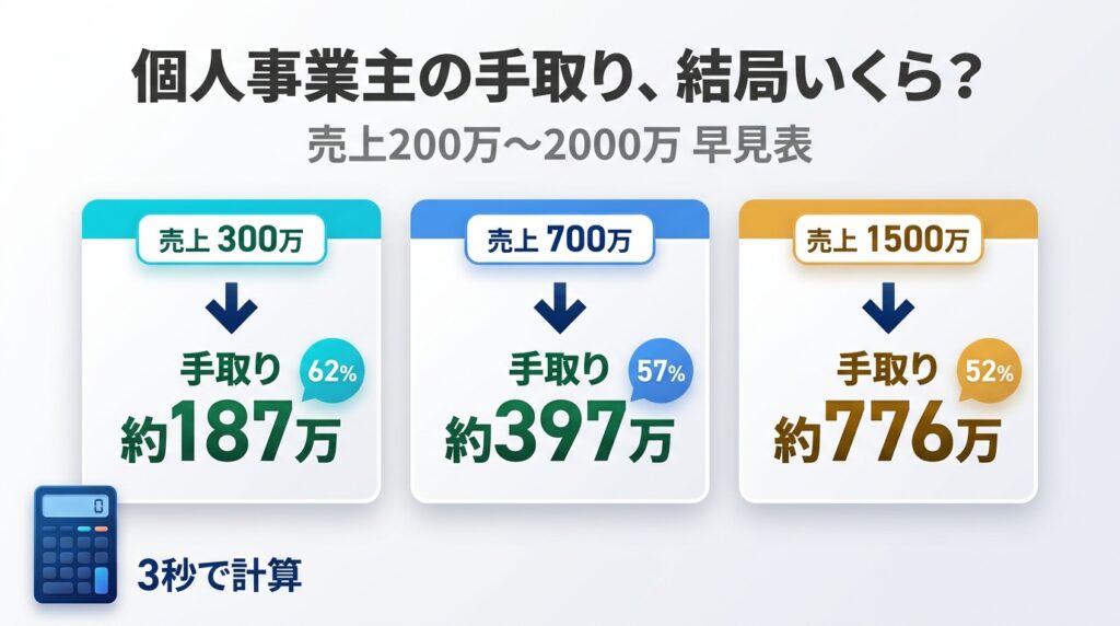 個人事業主の年収別手取りを早見表として示すエディトリアル風サムネ画像。3つのカードで売上300万/700万/1500万の手取り額と手取り率を比較表示。電卓アイコンと「3秒で計算」キャッチを配置。プロフェッショナルなトーン。