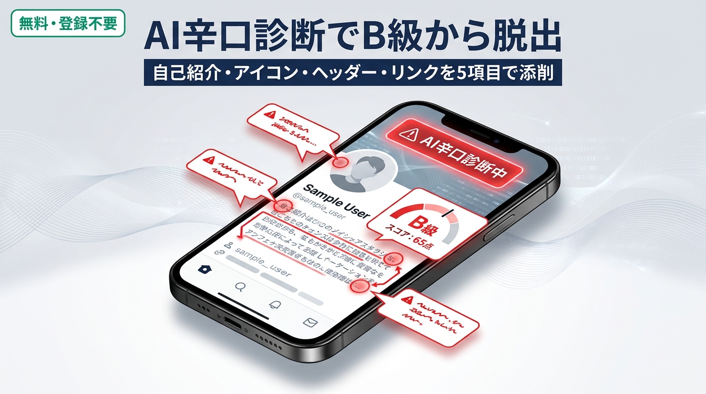 AI辛口診断でXプロフィールをB級からA級に改善する流れを示すエディトリアル風サムネ画像。スマホ画面に診断結果のオーバーレイ、「AI辛口診断中」赤バッジ、B級スコア表示、「無料・登録不要」緑バッジを配置。